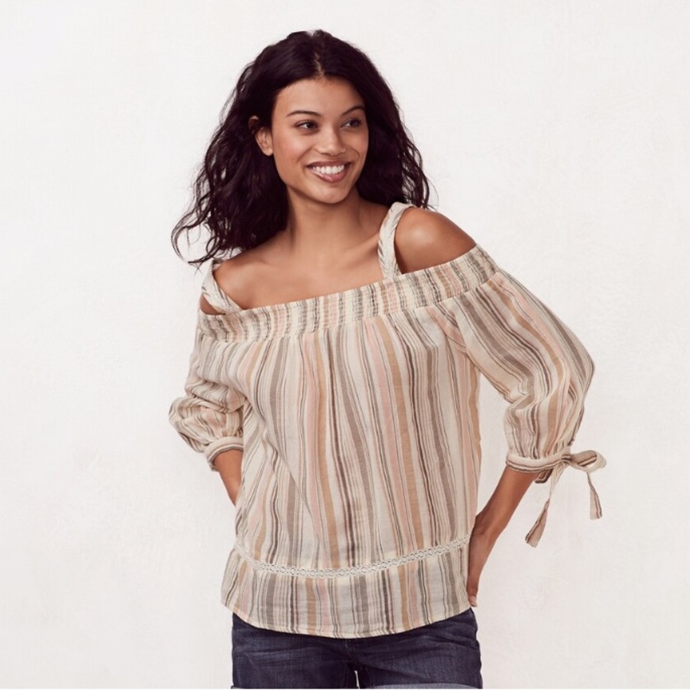 LC Lauren Conrad Smocked Off-the-Shoulder Blouse Top Neutral Stripes Medium NWT!